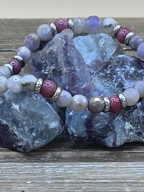 Mystic Lavender Jade, Thulite And Stainless Steel Beaded Bracelet
